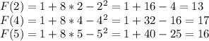 F(2)=1+8*2-2^2=1+16-4=13 \\ F(4)=1+8*4-4^2=1+32-16=17 \\F(5)=1+8*5-5^2=1+40-25=16