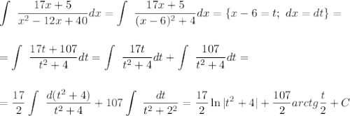 \displaystyle \int\limits \ \frac{17x+5}{x^2-12x+40} dx = \int\limits \ \frac{17x+5}{(x-6)^2+4} dx =\{x-6=t;\,\, dx=dt\}=\\ \\ \\ = \int\limits \ \frac{17t+107}{t^2+4} dt = \int\limits \ \frac{17t}{t^2+4} dt+ \int\limits \ \frac{107}{t^2+4} dt=\\ \\ \\ = \frac{17}{2} \int\limits \ \frac{d(t^2+4)}{t^2+4} +107 \int\limits \ \frac{dt}{t^2+2^2} = \frac{17}{2} \ln|t^2+4|+ \frac{107}{2} arctg \frac{t}{2} +C