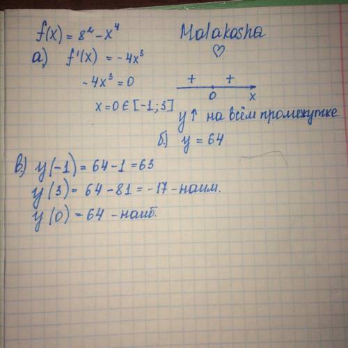 2. дана функция: f(x)=8^2−x^4. найдите: а) промежутки возрастания и убывания; б) ее точки максимума