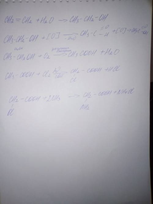 Сн2=сн2-> сн3-сн2он-> сн3соон-> сн3ci-соон-> nh2ch2cooh