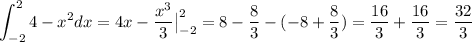 \displaystyle \int^2_{-2} 4-x^2dx=4x- \frac{x^3}{3}\big|^2_{-2}=8- \frac{8}{3}-(-8+\frac{8}{3} )= \frac{16}{3}+ \frac{16}{3}= \frac{32}{3}