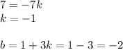 7=-7k\\ k=-1\\\\ b=1+3k=1-3=-2