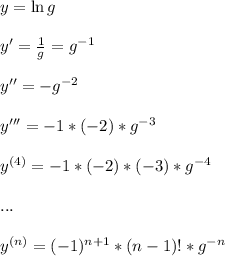 y=\ln g \\ \\ y'=\frac{1}{g} =g^{-1} \\ \\ y''=-g^{-2} \\ \\ y'''=-1*(-2)*g^{-3}\\ \\ y^{(4)}=-1*(-2)*(-3)*g^{-4} \\ \\ ... \\ \\ y^{(n)}=(-1)^{n+1}*(n-1)!*g^{-n}