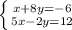 \left \{ {{x+8y=-6} \atop {5x-2y=12}} \right.