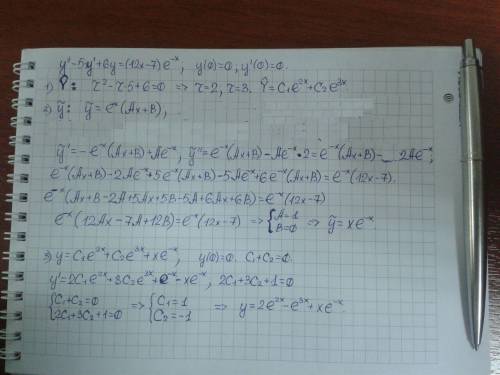 Найдите решение коши для уравнения y'' -5y'+6y = (12x-7)*e^(-x) y(0)=0? y'(0)=0