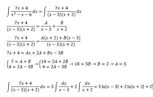 Проинтегрировать рациональную дробь (7x+4)/(x^2-x-6)