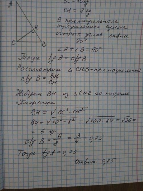 Втреугольнике авс угол с равен 90 градусов, высота сн равна 8, катет вс равен 10. найдите тангенс уг