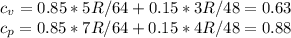 c_v = 0.85*5R/64+0.15*3R/48 = 0.63\\&#10;c_p = 0.85*7R/64+0.15*4R/48 = 0.88