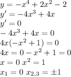 y=-x^4+2x^2-2 \\&#10;y'=-4x^3+4x\\&#10;y'=0 \\ -4x^3+4x=0 \\&#10;4x(-x^2+1)=0 \\&#10;4x=0 -x^2+1=0 \\&#10;x=0 \ x^2=1\\ x_1=0 \ x_{2,3}=б1