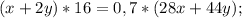 (x+2y)*16 = 0,7 * (28x + 44y);