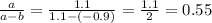 \frac{a}{a-b}=\frac{1.1}{1.1-(-0.9)}=\frac{1.1}{2}=0.55