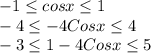 -1 \leq cosx \leq 1 \\&#10;-4 \leq -4Cosx \leq 4 \\&#10;-3 \leq 1-4Cosx \leq 5