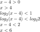 x-4\ \textgreater \ 0\\x\ \textgreater \ 4\\&#10;log_2(x-4)\ \textless \ 1\\&#10;log_2(x-4)\ \textless \ log_22\\&#10;x-4\ \textless \ 2\\&#10;x\ \textless \ 6