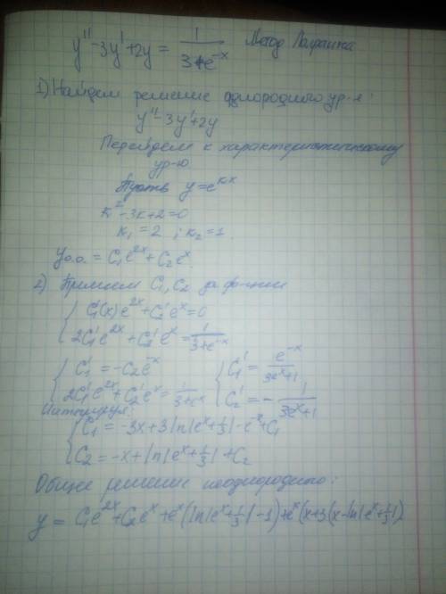 Найти общее решение дифференциального уравнения: y''-3y'+2y=1/(3+e^(-x))