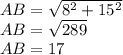 AB= \sqrt{ 8^{2}+ 15^{2} } \\ AB= \sqrt{289} \\ &#10;AB=17