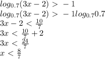 log_{0.7}(3x-2)\ \textgreater \ -1\\&#10;log_{0.7}(3x-2)\ \textgreater \ -1log_{0.7} 0.7\\&#10;3x-2\ \textless \ \frac{10}{7} \\&#10;3x\ \textless \ \frac{10}{7} +2\\&#10;3x\ \textless \ \frac{24}{7} \\&#10;x\ \textless \ \frac{8}{7}