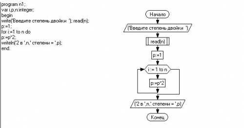 Дано натурально число n.вычислить 2 в n степени. нужна блок схема!