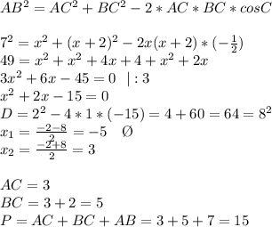 AB^2=AC^2+BC^2-2*AC*BC*cosC \\ \\ 7^2=x^2+(x+2)^2-2x(x+2)*(- \frac{1}{2} ) \\ 49=x^2+x^2+4x+4+x^2+2x \\ 3x^2+6x-45=0 \ \ |:3 \\ x^2+2x-15=0 \\ D=2^2-4*1*(-15)=4+60=64=8^2 \\ x_1= \frac{-2-8}{2}=-5 \ \ \ \O \\ x_2= \frac{-2+8}{2}=3 \\ \\ AC=3 \\ BC=3+2=5 \\ P=AC+BC+AB=3+5+7=15