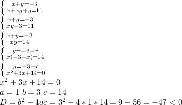 \left \{ {{x+y=-3} \atop {x+xy+y=11}} \right. \\&#10; \left \{ {{x+y=-3} \atop {xy-3=11}} \right. \\&#10; \left \{ {{x+y=-3} \atop {xy=14}} \right. \\&#10;\left \{ {{y=-3-x} \atop {x(-3-x)=14}} \right. \\&#10; \left \{ {{y=-3-x} \atop {x^2+3x+14=0}} \right. \\&#10;x^2+3x+14=0\\&#10;a=1 \ b=3 \ c=14\\&#10;D=b^2-4ac=3^2-4*1*14=9-56=-47\ \textless \ 0