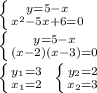 \left \{ {{y=5-x} \atop {x^2-5x+6=0}} \right. \\ \left \{ {{y=5-x} \atop {(x-2)(x-3)=0}} \right. \\ \left \{ {{y_1=3} \atop {x_1=2}} \right. \ \left \{ {{y_2=2} \atop {x_2=3}} \right. \\