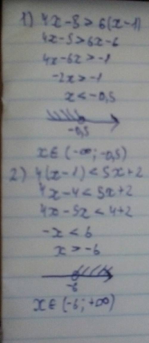 Решите линейные неравенства за 6 класс . 1)4х-5> 6(х-1) 2)4(х-1)< 5х+2