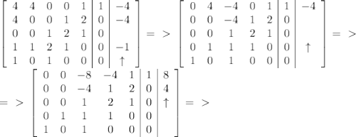 \left[\begin{array}{ccccc|c|c}4&4&0&0&1&1&-4\\4&0&0&1&2&0&-4\\0&0&1&2&1&0&\\1&1&2&1&0&0&-1\\1&0&1&0&0&0&\uparrow\end{array}\right]=\ \textgreater \ \left[\begin{array}{ccccc|c|c}0&4&-4&0&1&1&-4\\0&0&-4&1&2&0&\\0&0&1&2&1&0&\\0&1&1&1&0&0&\uparrow\\1&0&1&0&0&0&\end{array}\right]=\ \textgreater \ \\=\ \textgreater \ \left[\begin{array}{ccccc|c|c}0&0&-8&-4&1&1&8\\0&0&-4&1&2&0&4\\0&0&1&2&1&0&\uparrow\\0&1&1&1&0&0&\\1&0&1&0&0&0&\end{array}\right]=\ \textgreater \