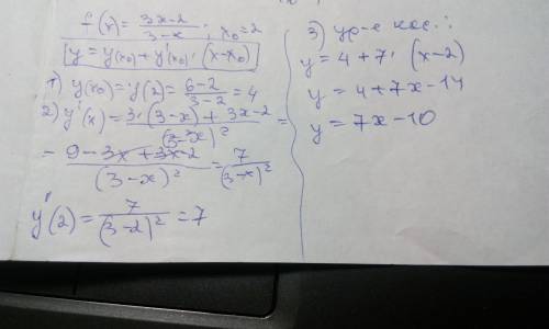 Составить уравнение касательной к графику функции. f(x)=(3x-2)/(3-x), xo=2