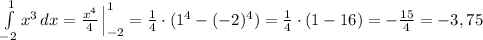 \int\limits^1_{-2} {x^3} \, dx = \frac{x^4}{4}\, \Big |_{-2}^1= \frac{1}{4}\cdot (1^4-(-2)^4)= \frac{1}{4}\cdot (1-16)= -\frac{15}{4}=-3,75