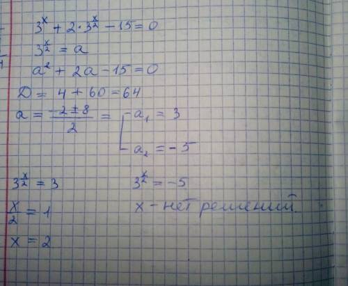 Решите уравнение 3^x+2*3^x/2-15=0