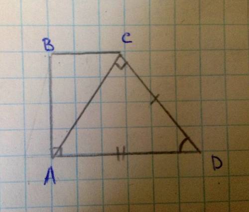 Втрапеции abcd основа ad перпендикулярно боковой стороне ab угол d равен 60 градусов диагональ ac пе