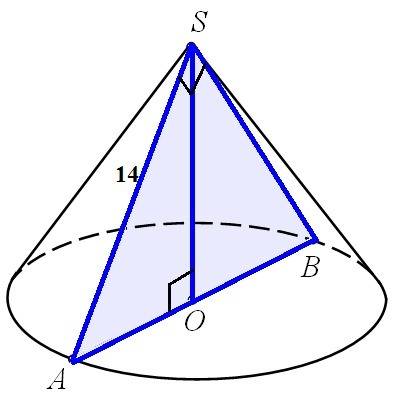 Длина образующей конуса 14 см а величина угла при вершине его осевого сечения 90 градусов найдите пл