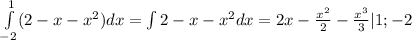 \int\limits^1_{-2} (2-x-x^2)dx= \int\limits 2-x-x^2dx=2x- \frac{x^2}{2} - \frac{x^3}{3} | 1;-2