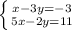 \left \{ {{x - 3y = - 3} \atop {5x - 2y = 11}} \right.