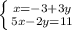 \left \{ {{x = - 3 + 3y} \atop {5x - 2y = 11}} \right.