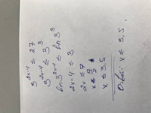 Решить, 3^2x-4 меньше либо равно 27