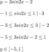 y=3sin2x-2\\\\-1 \leq sin2x \leq 1\; |\cdot 3\\\\-3 \leq 3sin2x \leq 3\; |-2\\\\-5 \leq 3sin2x-2 \leq 1\\\\y\in [-5,1\, ]