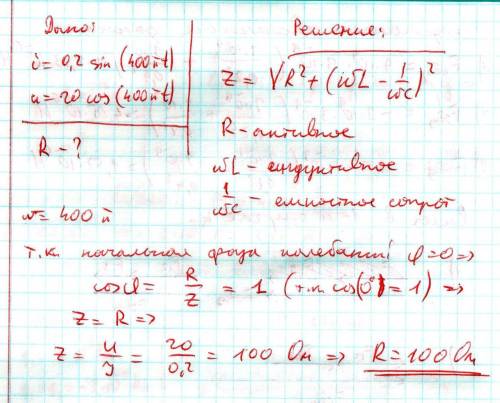 Даны уравнения колебаний силы тока и напряжения: i=0,2*sin 4*10^2пt, u=20*cos 4*10^2пt. определить а