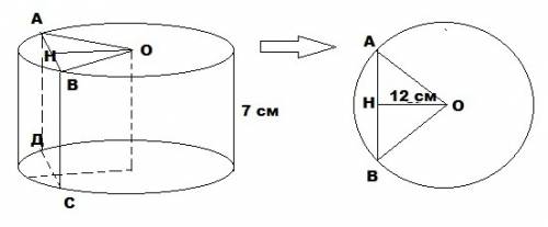 Вцилиндре с высотой 7 см проведено параллельное оси сечение отстоящее от нее на растоянии 12 см. най