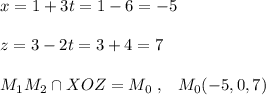 x=1+3t=1-6=-5\\\\z=3-2t=3+4=7\\\\M_1M_2\cap XOZ=M_0\; ,\; \; \; M_0(-5,0,7)