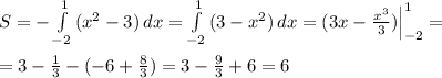 S=- \int\limits_{-2}^1 \, (x^2-3) \, dx = \int\limits^1_{-2} \, (3-x^2) \, dx =(3x- \frac{x^3}{3} )\Big |_{-2}^1=\\\\=3- \frac{1}{3}-(-6+\frac{8}{3})=3- \frac{9}{3} +6=6