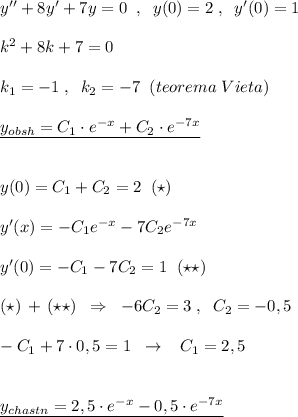 y''+8y'+7y=0\; \; ,\; \; y(0)=2\; ,\; \; y'(0)=1\\\\k^2+8k+7=0\\\\k_1=-1\; ,\; \; k_2=-7\; \; (teorema\; Vieta)\\\\\underline {y_{obsh}=C_1\cdot e^{-x}+C_2\cdot e^{-7x}}\\\\\\y(0)=C_1+C_2=2\; \; (\star )\\\\y'(x)=-C_1e^{-x}-7C_2e^{-7x}\\\\y'(0)=-C_1-7C_2=1\; \; (\star \star )\\\\(\star )\, +\, (\star \star )\; \; \Rightarrow \; \; -6C_2=3\; ,\; \; C_2=-0,5\\\\-C_1+7\cdot 0,5=1\; \; \to \; \; \; C_1=2,5\\\\\\\underline {y_{chastn}=2,5\cdot e^{-x}-0,5\cdot e^{-7x}}