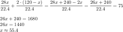 \begin{array}{l} \dfrac{28x}{22.4} + \dfrac{2 \cdot (120 - x)}{22.4} = \dfrac{28x + 240 - 2x}{22.4} = \dfrac{26x + 240}{22.4} = 75 \\ \\ 26x + 240 = 1680 \\ 26x = 1440 \\ x \approx 55.4 \end{array}