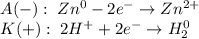 \begin{array}{l} A(-): \; Zn^{0} - 2e^{-} \to Zn^{2+} \\ K(+): \; 2H^{+} + 2e^{-} \to H_{2}^{0} \end{array}