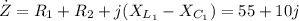 \displaystyle \dot Z=R_1+R_2+j(X_{L_1}-X_{C_1})=55+10j