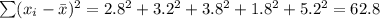 \sum (x_i-\bar x)^2=2.8^2+3.2^2+3.8^2+1.8^2+5.2^2=62.8