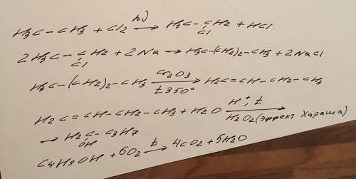 Осуществите превращения веществ: этан-хлоретан-бутан-бутен1-бутанол1-карбон(vi)оксид