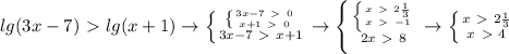 lg(3x-7)\ \textgreater \ lg(x+1)\to\left\{{{\left\{{{3x-7\ \textgreater \ 0}\atop{x+1\ \textgreater \ 0}}\right}\atop{3x-7\ \textgreater \ x+1}}\right\to\left\{{{\left\{{{x\ \textgreater \ 2\frac{1}{3}}\atop{x\ \textgreater \ -1}}\right}\atop{2x\ \textgreater \ 8}}\right\to\left\{{{x\ \textgreater \ 2\frac{1}{3}}\atop{x\ \textgreater \ 4}}\right