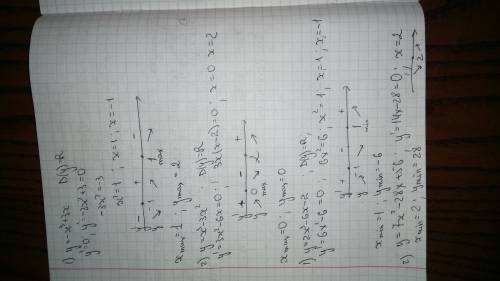 Найти: точки максимума: 1) у=-x³+3x 2) y=x³-3x² и точки минимума: 1) y=2x³-6x-2 2) y=7x²-28x+56