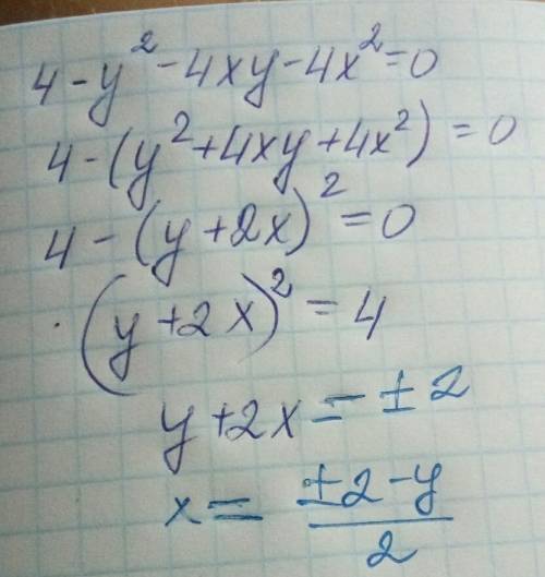 Выразите переменную y через x, если 4-y^2-4xy-4x^2=0