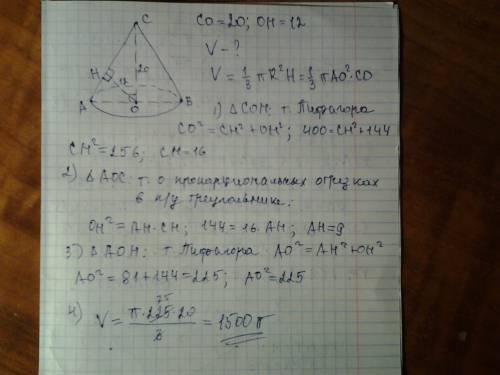 Висота конуса дорівнює 20 см,а відстань від центра його основи до твірної 12 см. знайдіть об'єм кону